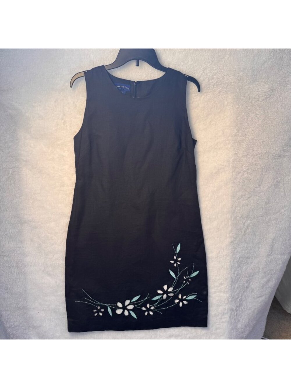 Charter Club 12P Black Sleeveless Linen Dress Floral Embroidery Fully Lined